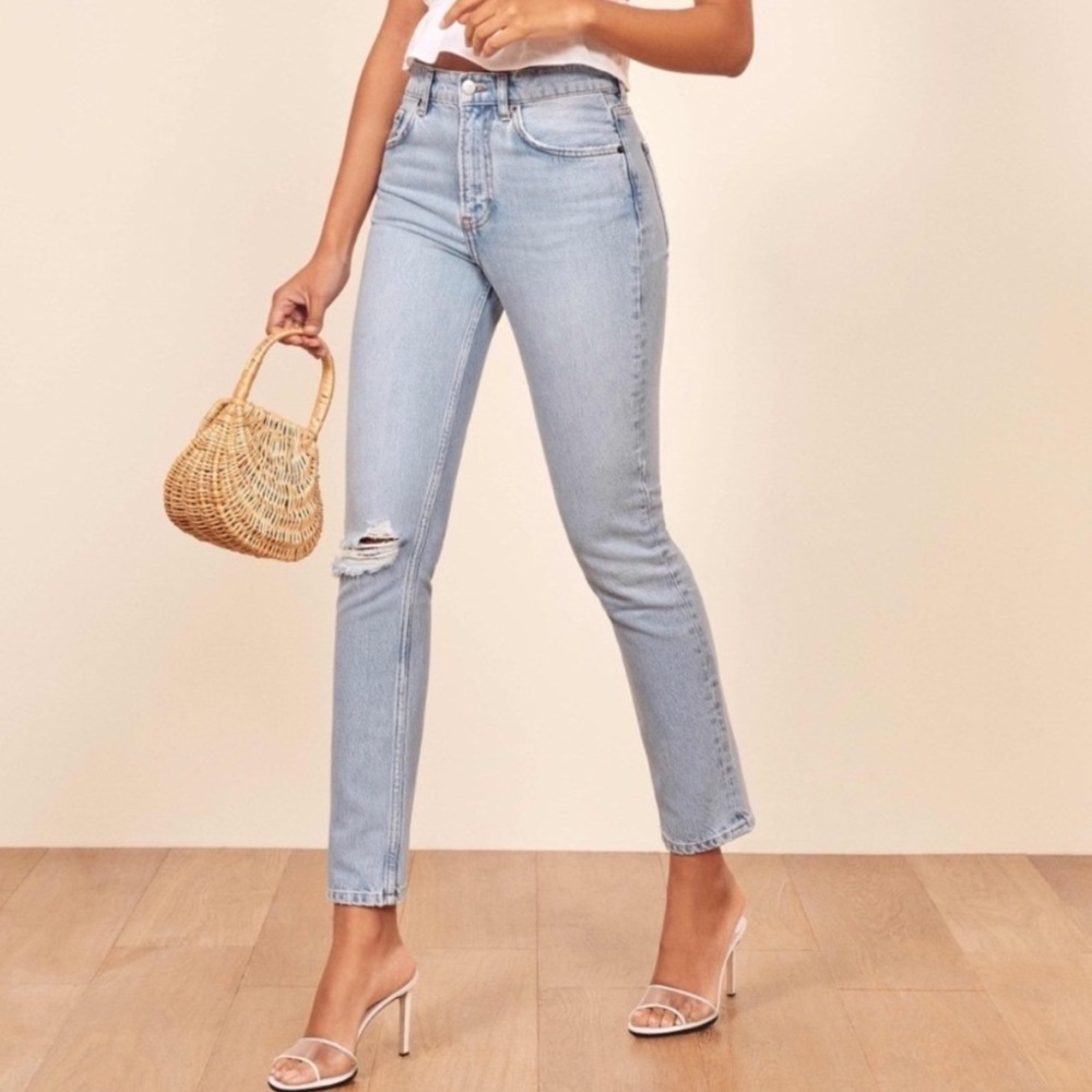 Reformation‎ Julia High Cigarette Jean Tahoe Destroyed Light Blue Distressed 28